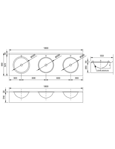 Izlietne 180x55cm, H25cm, NT