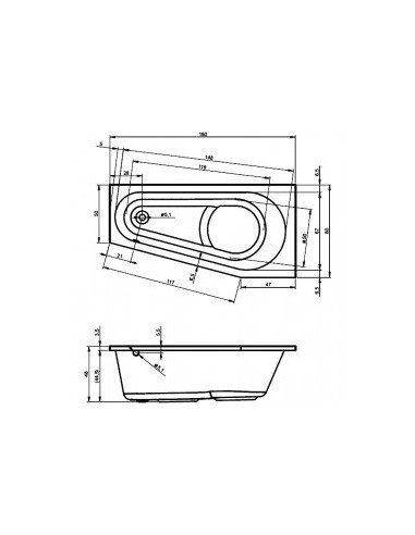 Delta acryl bathtub 160x80, left, high gloss white