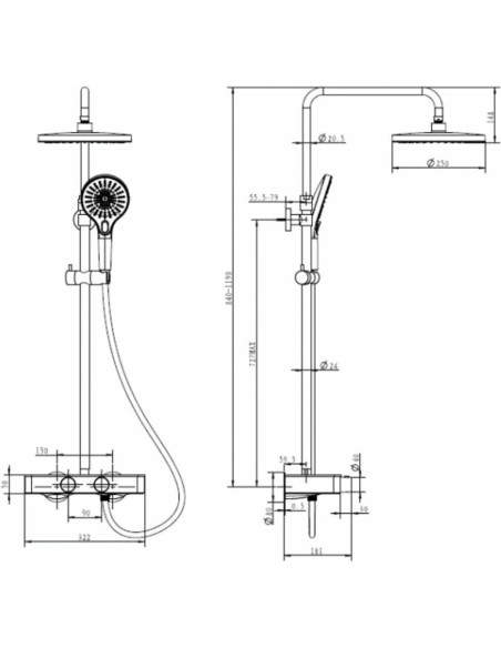 Dušas sistēma ar termostatu ADORA CONSILIO, Hroms