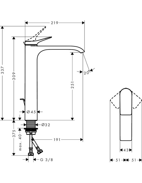 Vivenis 250 izlietnes maisītājs, paaugstināts, ar pop-up, matets melns