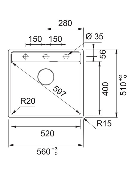 MRG 610-52 A fragranīta izlietne ar manuālu 3 1/2'' ventīli, 560x510mm, onikss