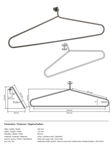 Hanger for electric towel rail 704155015, stainless steel, matt, graphite - 1