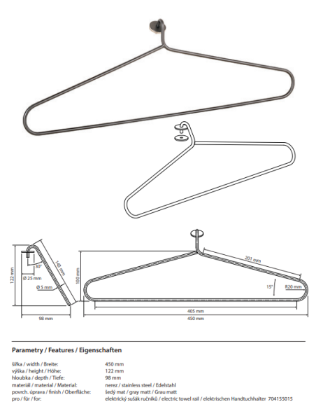 Hanger for electric towel rail 704155015, stainless steel, matt, graphite - 1