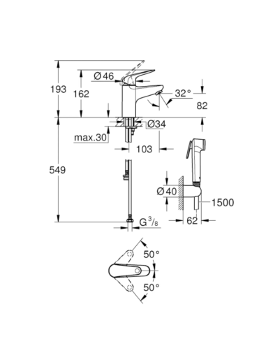 Grohe Euroeco - Basin mixer with bidet spray, chrome 24264001 - 3