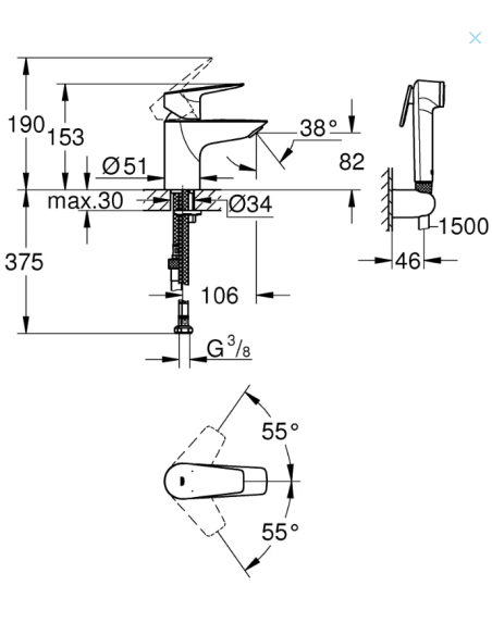Grohe BauEdge - Valamusegisti bideedušiga, kroom 23757001 - 2