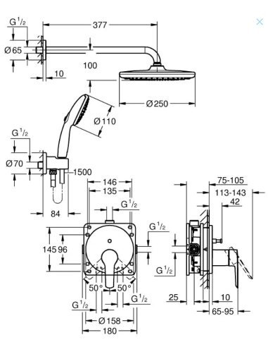 „Grohe QuickFix Start“ – potinkinis dušo komplektas, 25 cm skersmuo, 2 purškimo režimai, chromuotas 25292000 - 13