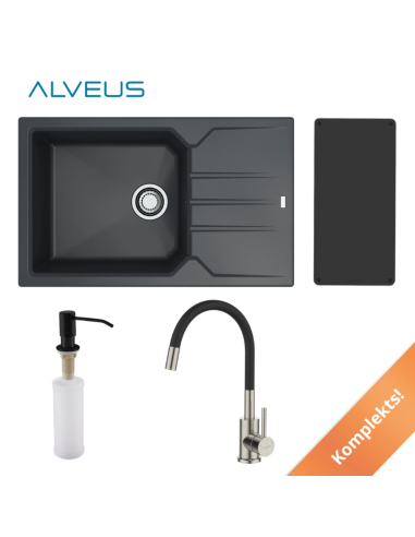 Раковина ALVEUS из черного гранита 78x48 см + смеситель + дозатор мыла + доска - 11