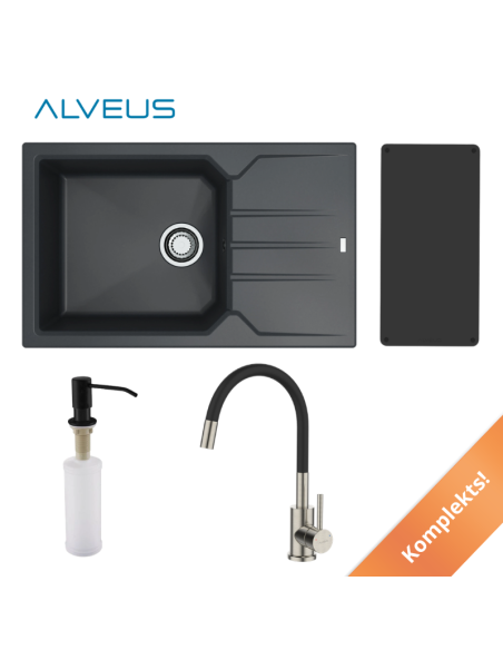 ALVEUS juodo granito kriauklė 78x48cm + maišytuvas + muilo dozatorius + lenta - 11