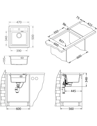copy of ATROX 20 col. 91 BLACK Granitāla izlietne 1 bļoda ar POP-UP sifonu 3 1/2" - 2