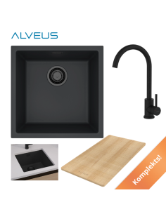 ALVEUS melna izlietne 45x45cm, melna notekcaurule + melns jaucējkrāns + griešanas dēlis + dozators - 14