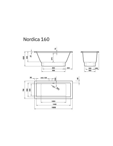 Vanna NORDICA 160 1600x750mm, balta