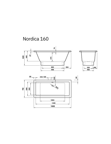 Vanna NORDICA 160 1600x750mm, balta