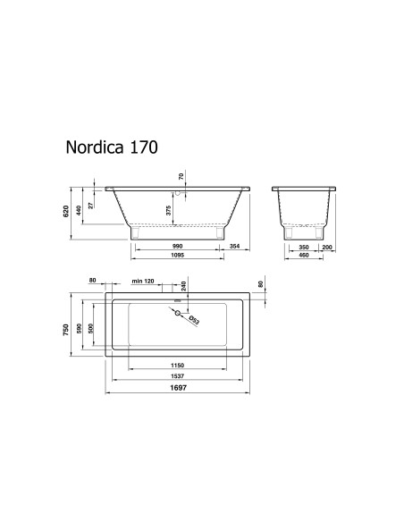 Vanna NORDICA 170 1697x750mm, balta