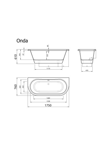 Vanna ONDA 1750x760mm, balta