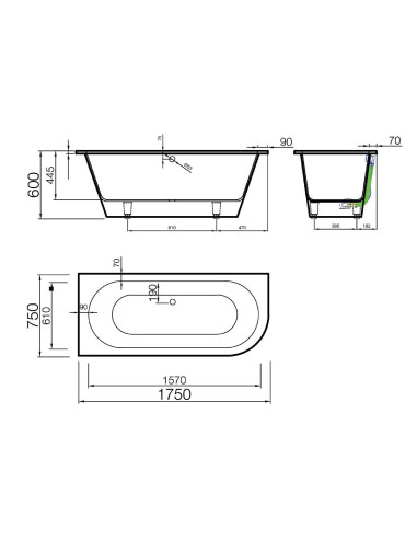 Vanna EVENTO 3L 1750x750mm, kreisā, balta matēta