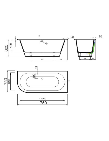 Vanna EVENTO 3R 1750x750mm, labā, balta matēta
