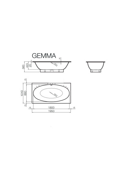 Vanna GEMMA 3 1950x1010mm, kreisā puse, balta matēta