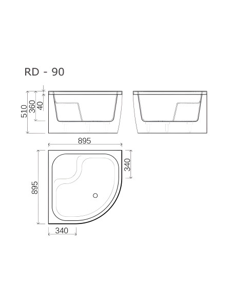 Dziļais dušas paliktnis RD-90 R-550, 895x895mm ar kājām un paneli, balts