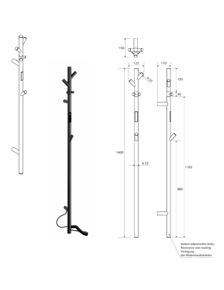 Apsildāmais dvieļu žāvētājs VERTEX, 1400 mm, stienis, 35 W, nerūsējošais tērauds, melns - 2