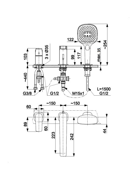 MALAGA BRUSHED GAIŠI ZELTA 3 bedrīšu vannas maisītājs uz virsmas 4525-210-31