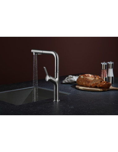 DUERO DESIGN NERŪSĒJOŠAIS TĒRAUDS stāvošs virtuves jaucējkrāns ar grozāmu, izvelkamu snīpi 6623-220-22