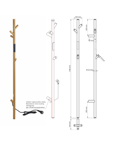 Kombinētais dvieļu žāvētājs VERTEX, 1180 mm, stieņa tipa, 30 W, nerūsējošais tērauds, matēts, zelts - 2