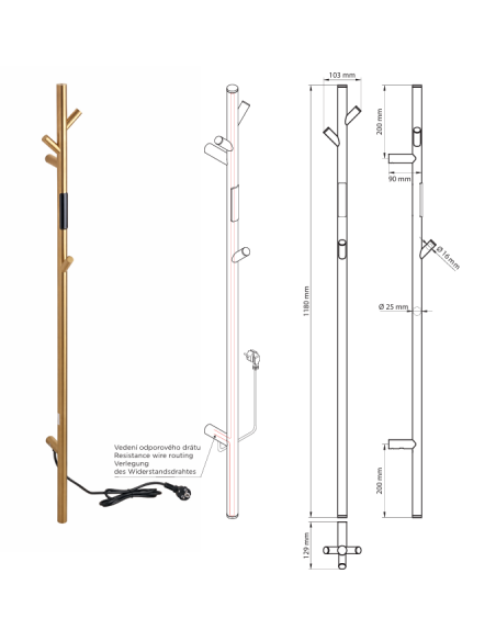 Kombinētais dvieļu žāvētājs VERTEX, 1180 mm, stieņa tipa, 30 W, nerūsējošais tērauds, matēts, zelts - 2