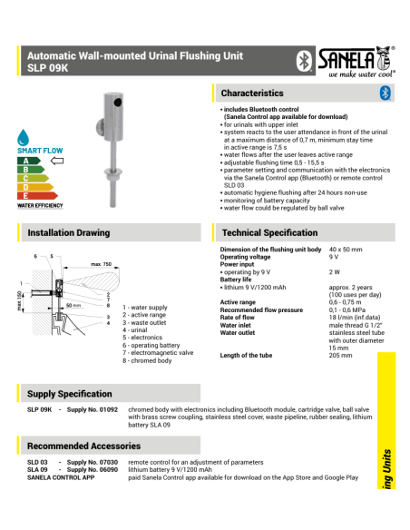 Sanela sensora infrasarkanā sienas pisuāra skalošana ar ALS elektroniku, 9 V SLP 09K - 3