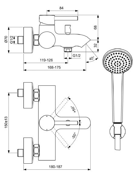 Ideal Standard jaucējkrāns vannai ar dušu Ceraline BC270AA