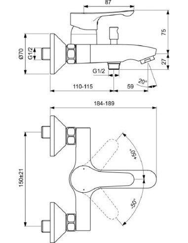 Ideal Standard jaucējkrāns vannai ar dušu Dot...