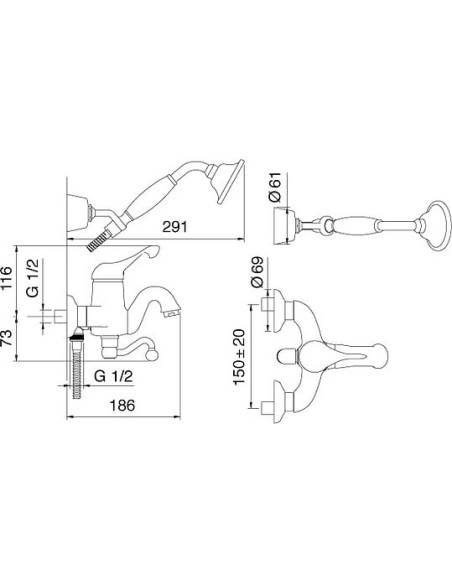 Treemme jaucējkrāns vannai ar dušu Piccadilly 2100.CC