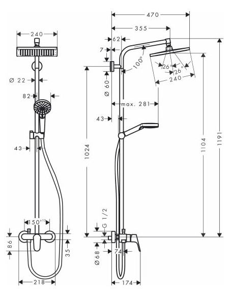 Hansgrohe dušas komplekts Crometta E 240 1jet Showerpipe 27284000
