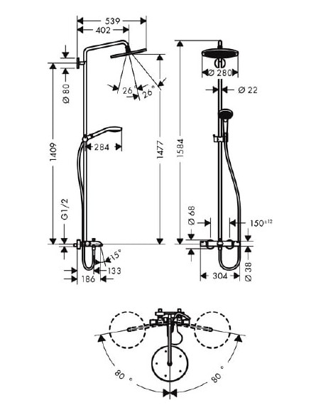 Hansgrohe dušas komplekts Croma Select 280 Air 1jet Showerpipe