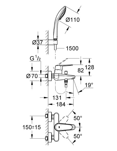 Grohe jaucējkrāns vannai ar dušu Eurodisc Cosmopolitan 33395002 - 8