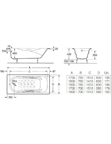 Roca čuguna vanna ar anti slip virsmu Malibu 170x75cm A230960000 - 8