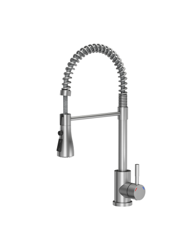 SALMA steel kitchen faucet, spring spout with shower function and temporary water flow stop, brushed steel - 1