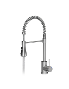 SALMA steel kitchen faucet, spring spout with shower function and temporary water flow stop, brushed steel - 1 2
