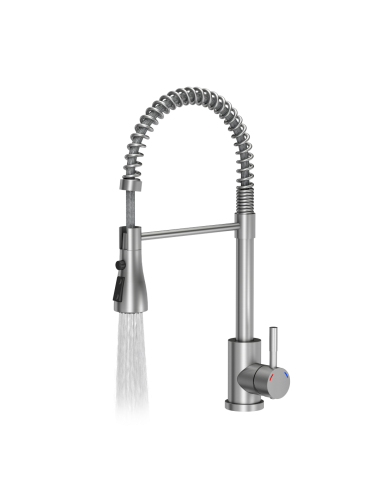 SALMA steel kitchen faucet, spring spout with shower function and temporary water flow stop, brushed steel - 3