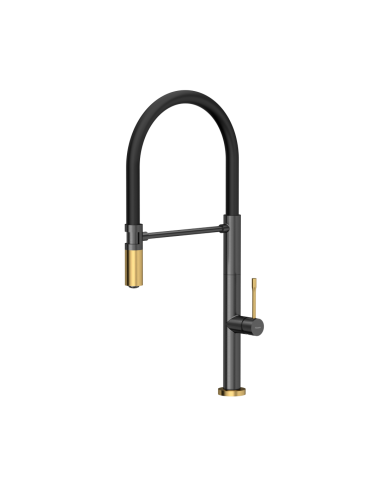 MARGOT T LINE SteelQ kitchen faucet with a movable stretch spout / graphite metal / gold nano PVD / black hose - 1