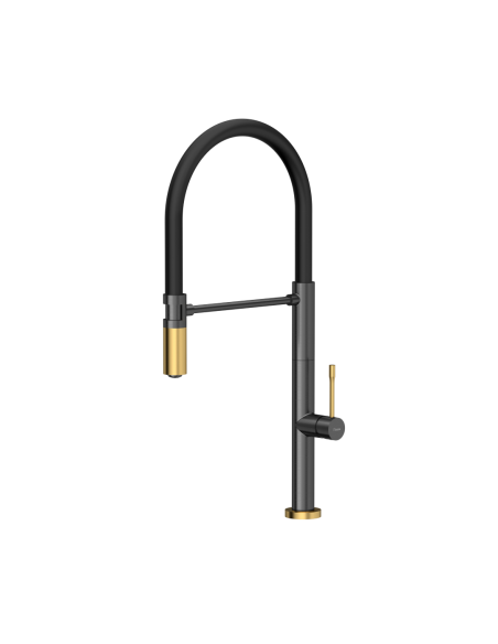 MARGOT T LINE SteelQ kitchen faucet with a movable stretch spout / graphite metal / gold nano PVD / black hose - 1