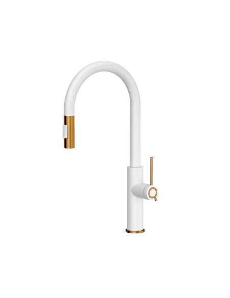 JENNIFER Q LINE SLIM SteelQ kitchen faucet with pull-out spout and shower function / snow white mat / copper nano PVD - 1 JENNIFER Q LINE SLIM SteelQ kitchen faucet with pull-out spout and shower function / snow white mat / copper nano PVD - 1