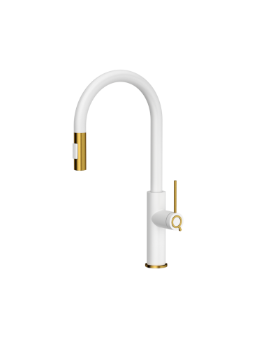 JENNIFER Q LINE SLIM SteelQ kitchen faucet with pull-out spout and shower function / snow white mat / gold nano PVD - 1