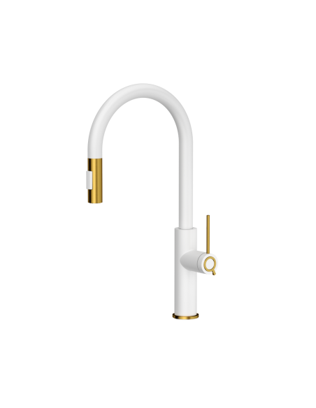 JENNIFER Q LINE SLIM SteelQ kitchen faucet with pull-out spout and shower function / snow white mat / gold nano PVD - 1
