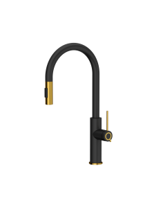 JENNIFER Q LINE SLIM SteelQ kitchen faucet with pull-out spout and shower function / pure carbon mat / gold nano PVD - 1