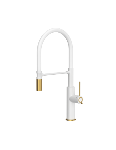 QUADRON GEMMA Q LINE SteelQ kitchen faucet with a movable stretch spout / snow white mat / gold nano PVD / white hose - 1