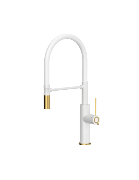QUADRON GEMMA Q LINE SteelQ kitchen faucet with a movable stretch spout / snow white mat / gold nano PVD / white hose - 1
