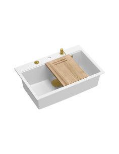 MARC WORKSTATION 1-bowl sink + Push-2-Open siphon + liquid dispenser + drain cover + wooden board snow white / gold elements - 1