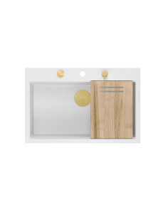 MARC WORKSTATION 1-bowl sink + Push-2-Open siphon + liquid dispenser + drain cover + wooden board snow white / gold elements - 1 2