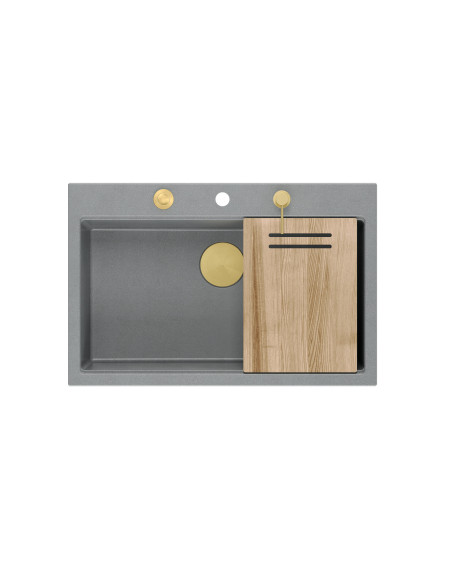 MARC WORKSTATION 1-bowl sink + Push-2-Open siphon + liquid dispenser + drain cover + wooden board silver stone / gold elements -