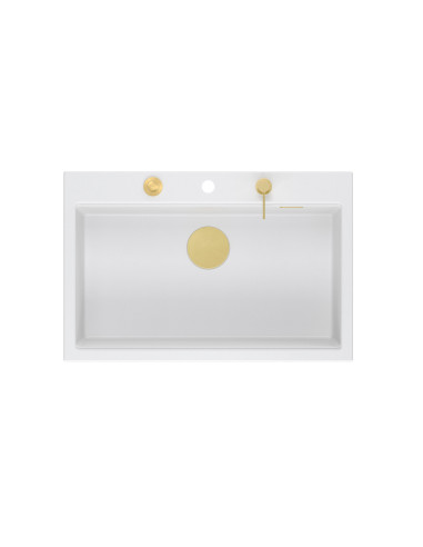 MARC WORKSTATION 1-bowl sink + Push-2-Open siphon + liquid dispenser + drain cover + wooden board snow white / gold elements - 3